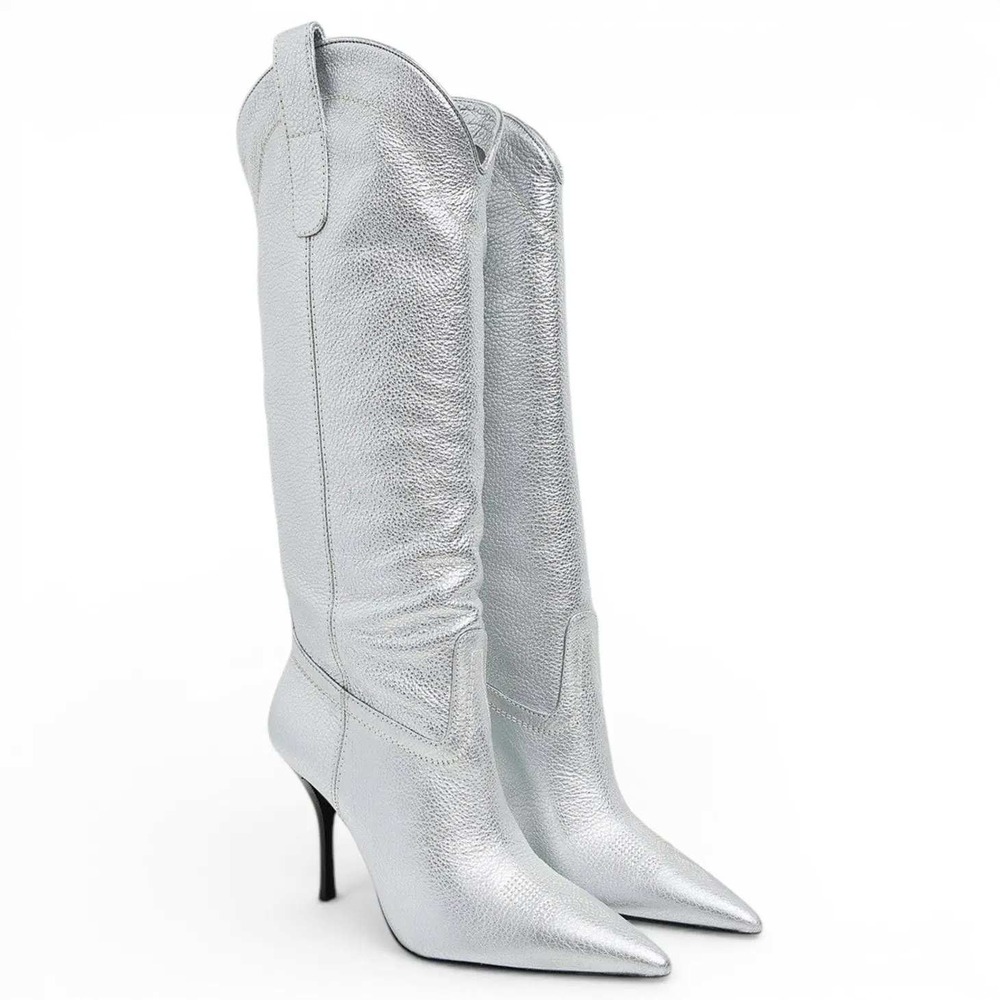 Stuart Weitzman Outwest Boots Western Heel Silver Metallic Leather Women Sz 11